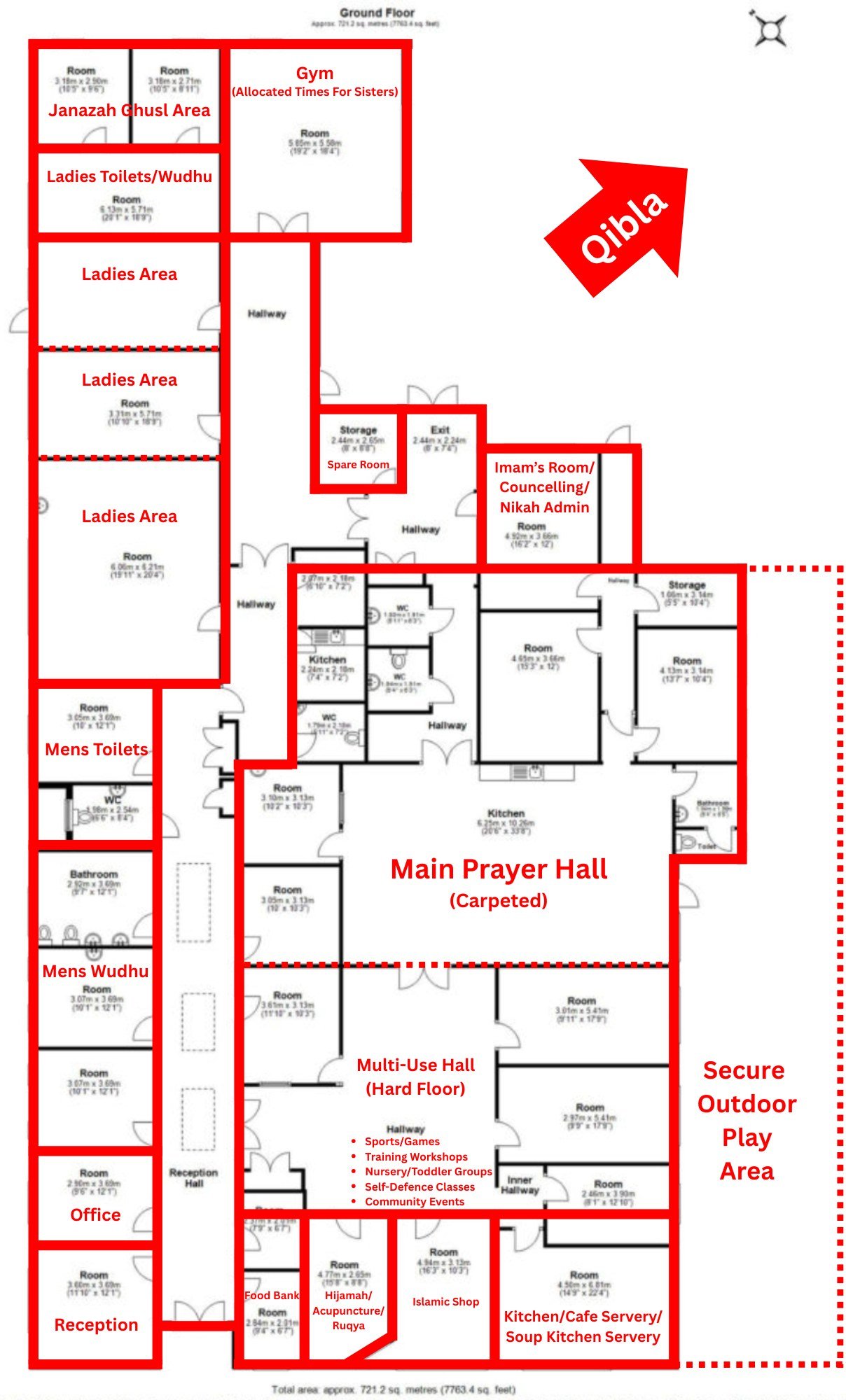 Ground floor plan of the Petersfield Centre marked up with planned zones for prayer, welfare and family use